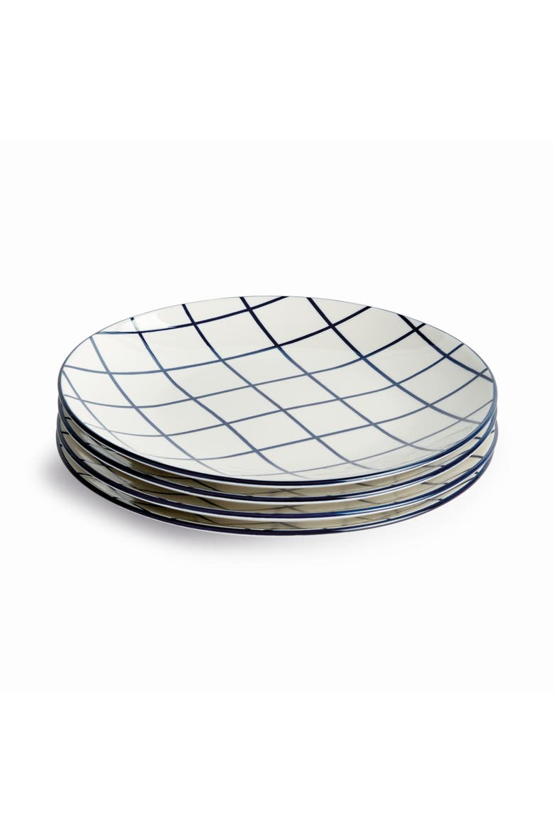 Stria Dark Blue & White Checkered Porcelain Ceramic Set of 4 Plates 8.5", Main, color, Blue