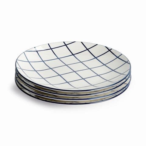 Stria Dark Blue & White Checkered Porcelain Ceramic Set of 4 Plates 8.5"