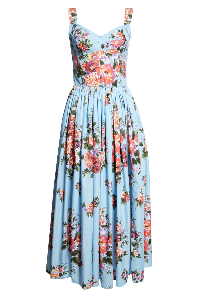 Floral Bouquet Print Pleated Poplin Fit & Flare Dress, Alternate, color, FIORI CELESTE