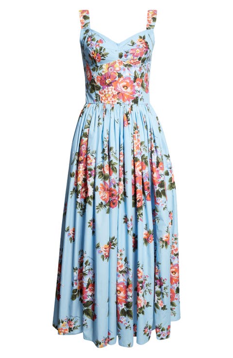 Floral Bouquet Print Pleated Poplin Fit & Flare Dress