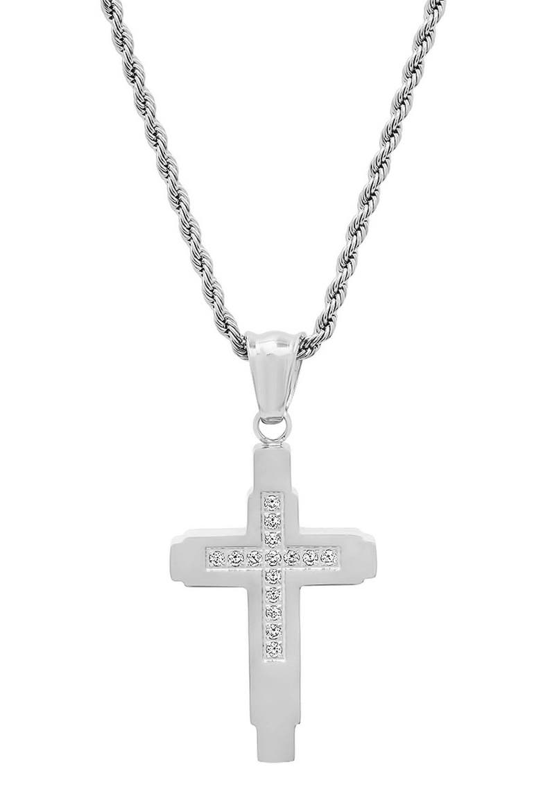 Men's Elongated Cross Pendant Necklace, Main, color, SILVER