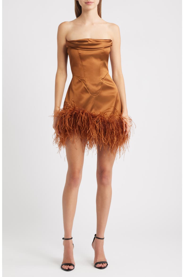 Adrienne Ostrich Feather Hem Strapless Satin Cocktail Minidress, Main, color, BRONZE