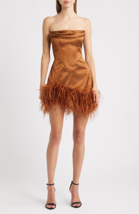 Adrienne Ostrich Feather Hem Strapless Satin Cocktail Minidress