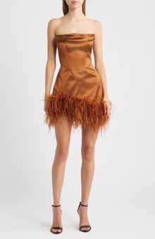 Delfi Collective Adrienne Ostrich Feather Hem Strapless Satin Cocktail Minidress