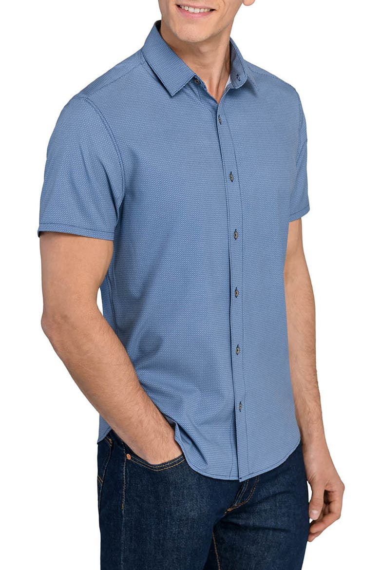 Basic Slim Fit Abstract Geo Short Sleeve Performance Button-Up Shirt, Alternate, color, NAVY
