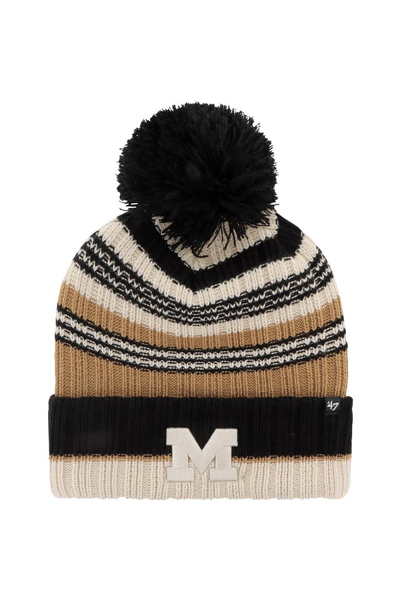 Women's '47 Khaki Michigan Wolverines Barista Cuffed Knit Hat with Pom, Main, color, Khaki