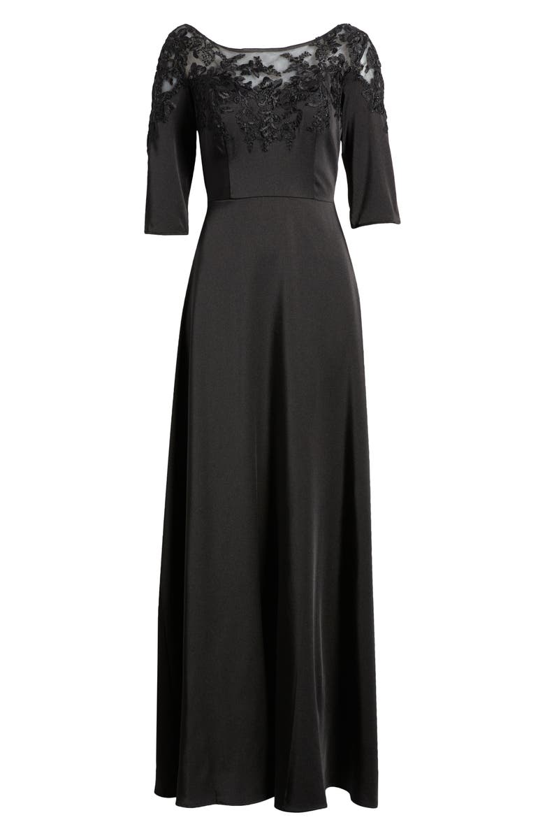 La Femme Embroidered Illusion Neck Gown, Alternate, color, 