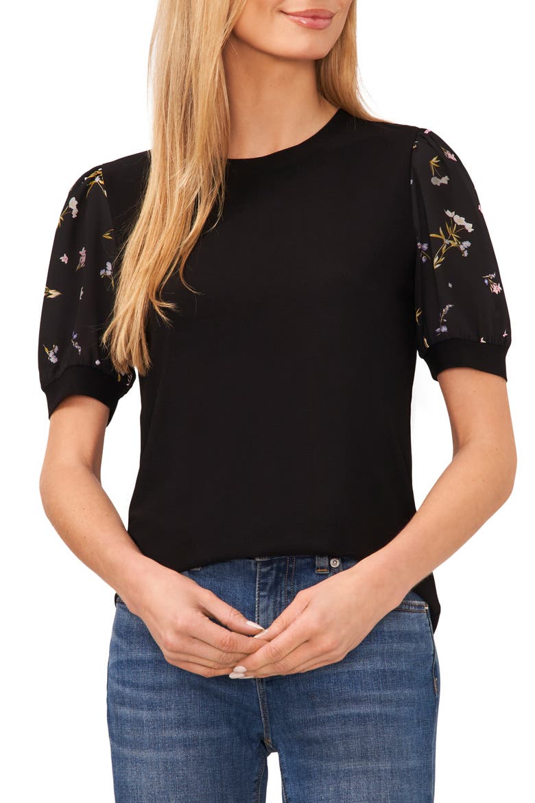 Mixed Media Clip Dot Floral Top, Main, color, RICH BLACK