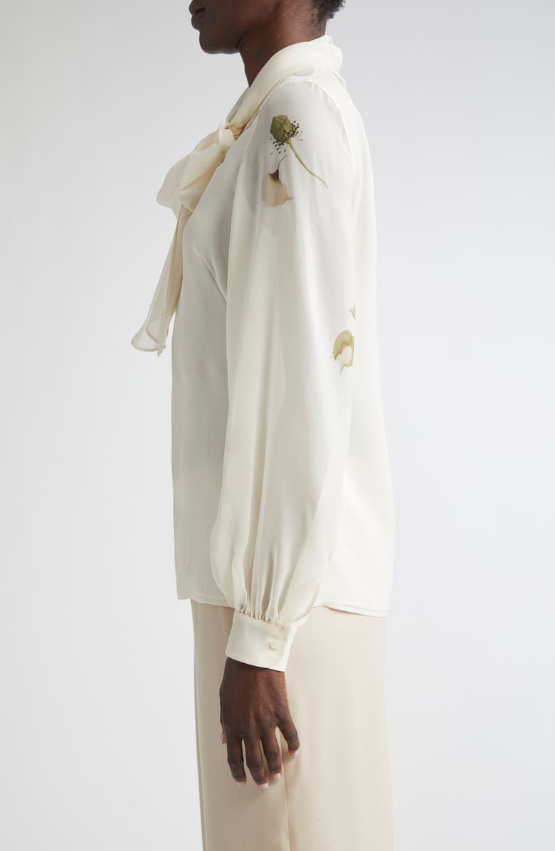 Akris Anemone Print Silk Georgette Tie Neck Shirt, Alternate, color, Greige-Ecru