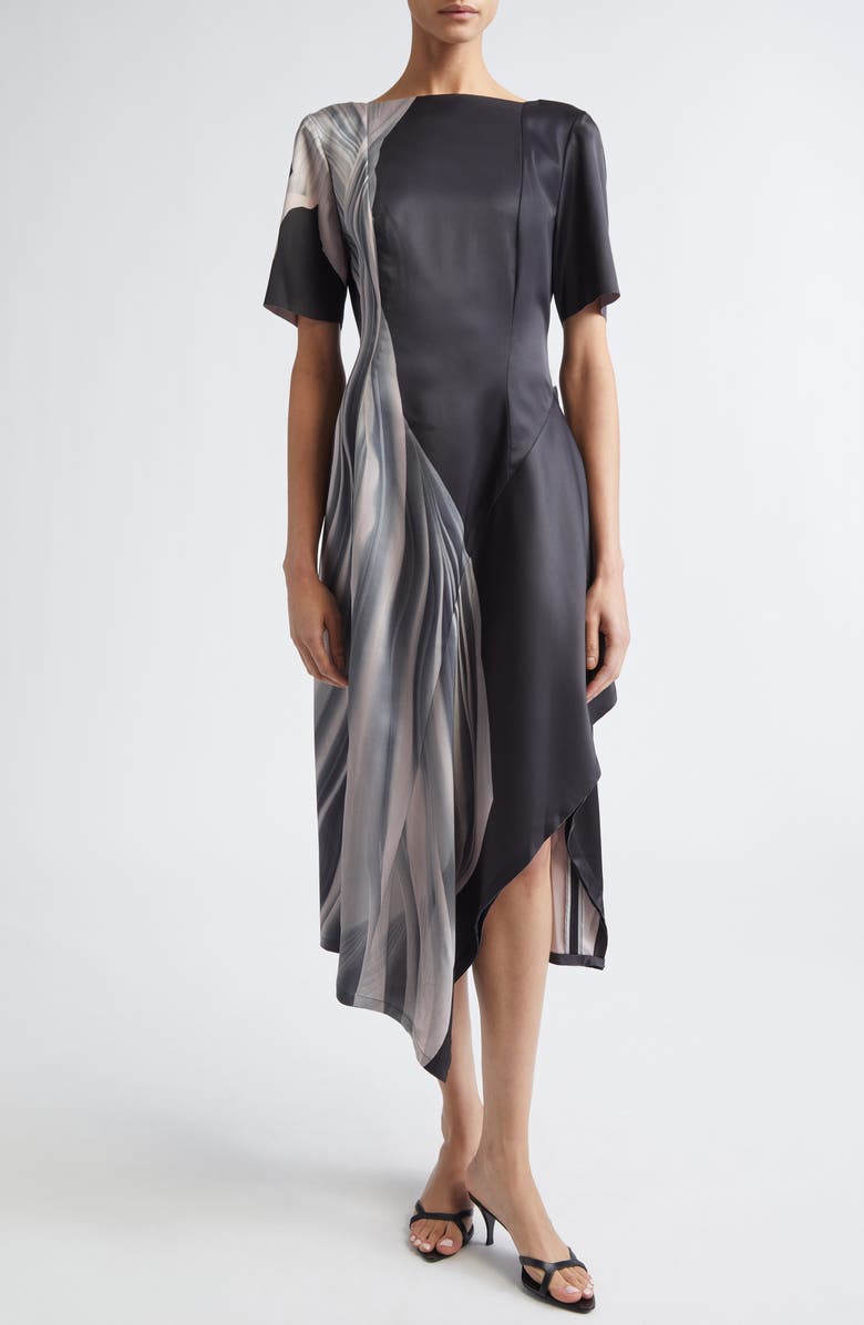 Jason Wu Collection Dancing Pleat Print Double Face Satin Dress, Main, color, Black/ Pink