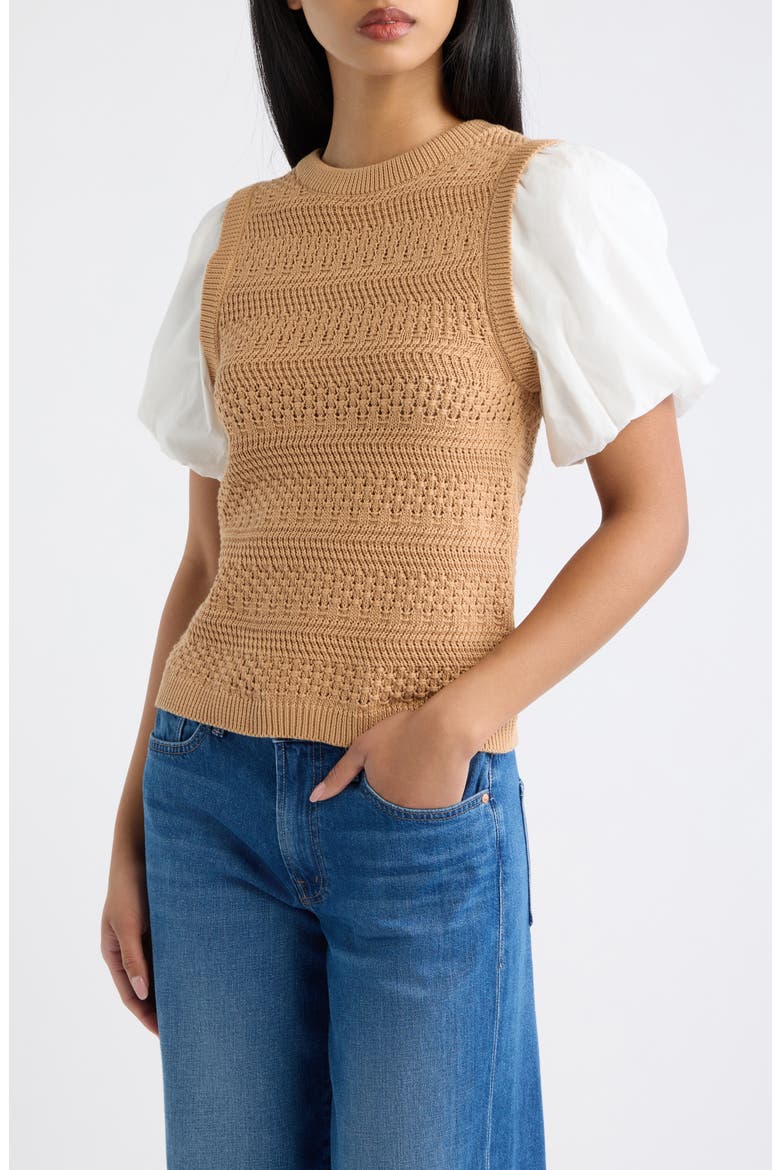 Danni Puff Sleeve Pointelle Knit Top, Main, color, CAMEL