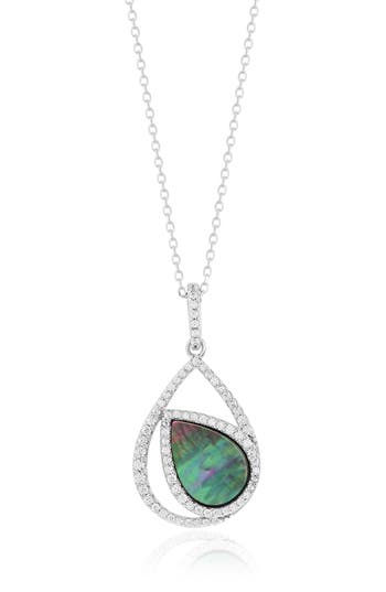 Suzy Levian White Sterling Silver White Cubic Zirconia Double Teardrop Black Mother Of Pearl Pendant