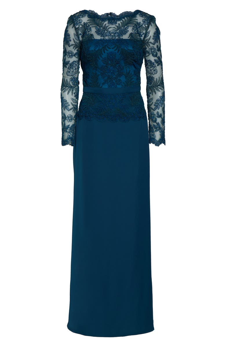 Tadashi Shoji Lace & Crepe Long Sleeve Evening Gown, Alternate, color, 