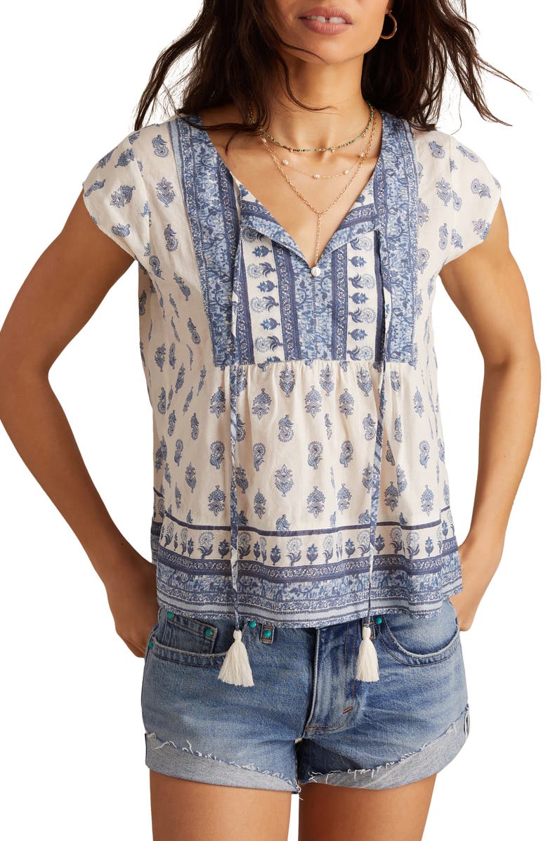 Lucky Brand Printed Split Neck Cotton Top, Main, color, Blue Multi