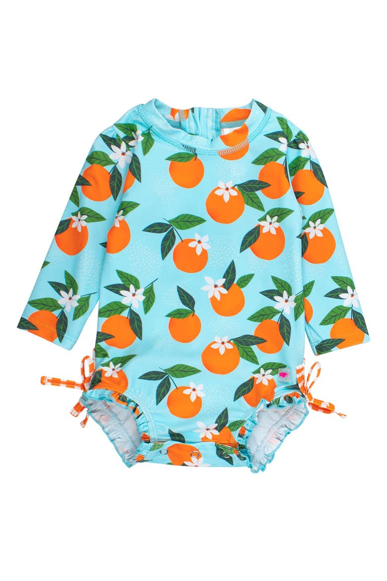 Baby Girls Orange You The Sweetest Long Sleeve UPF50+ One Piece Rash Guard, Main, color, Blue Orange You The Sweetest