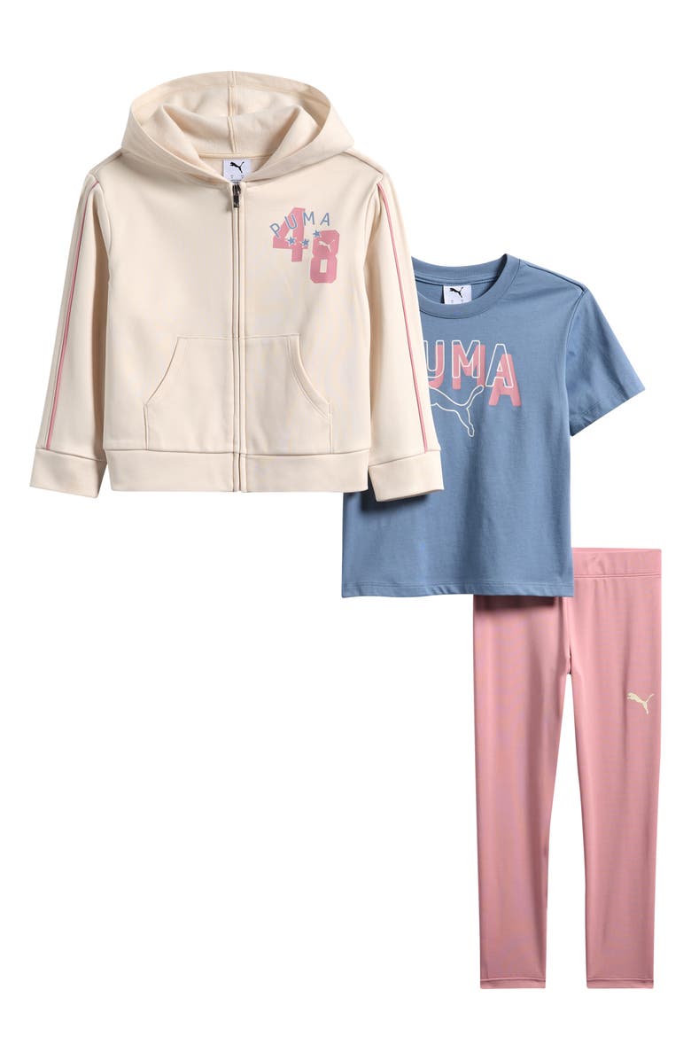 PUMA Kids' Fleece Hoodie, Graphic T-Shirt & Leggings Set, Main, color, Tan Combo
