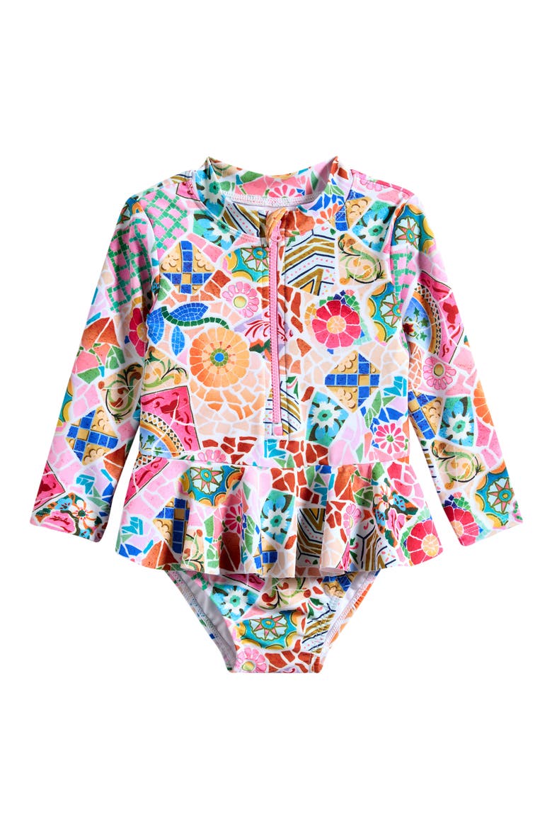Frill Long Sleeve One-Piece Rashguard Swimsuit, Main, color, BEACH BOHEME