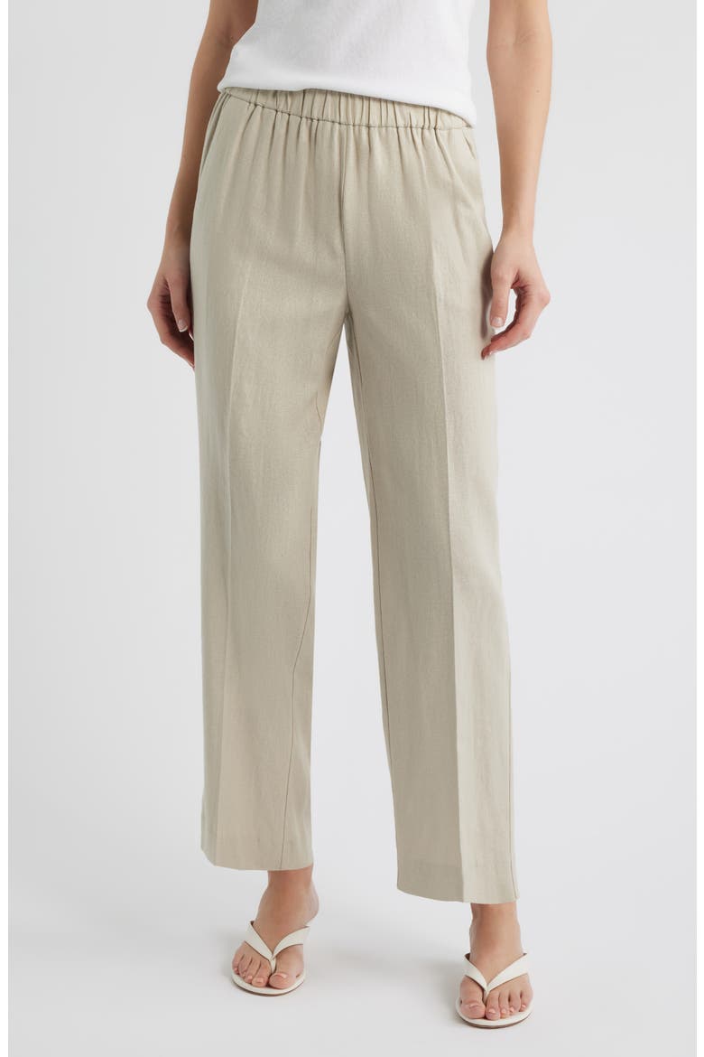 High Waist Pull-On Straight Leg Linen Blend Pants, Main, color, LIGHT SANDSTONE