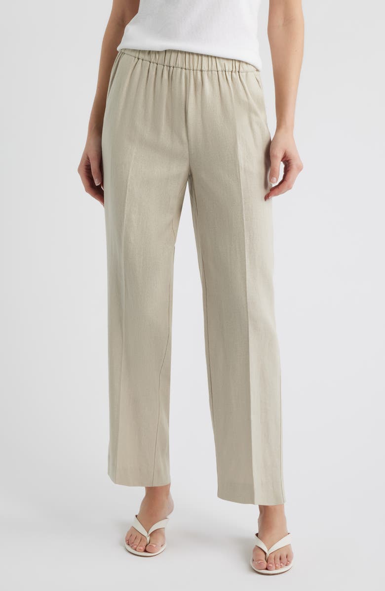 Anne Klein High Waist Pull-On Straight Leg Linen Blend Pants, Main, color, Light Sandstone