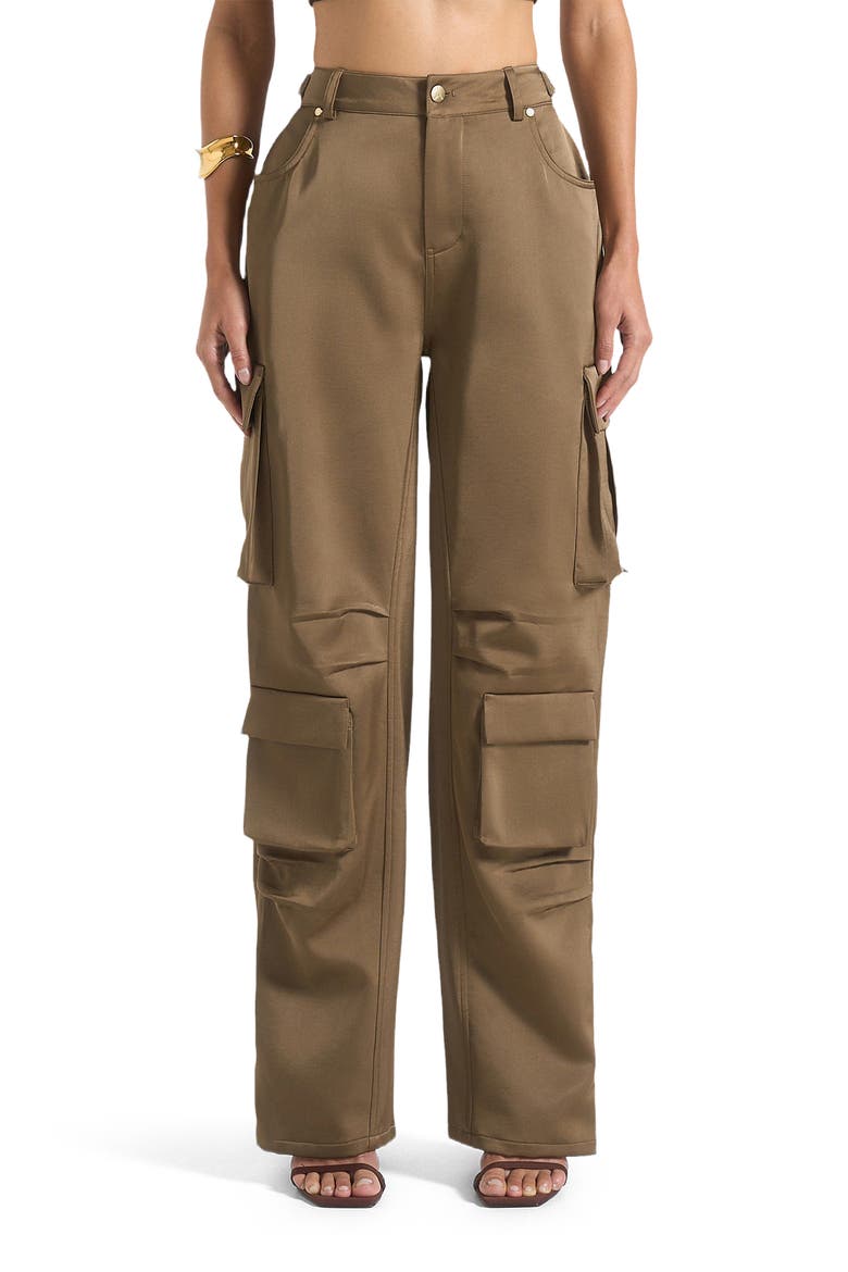 Emilie Satin High Waisted Cargo Pants, Alternate, color, Dark Olive