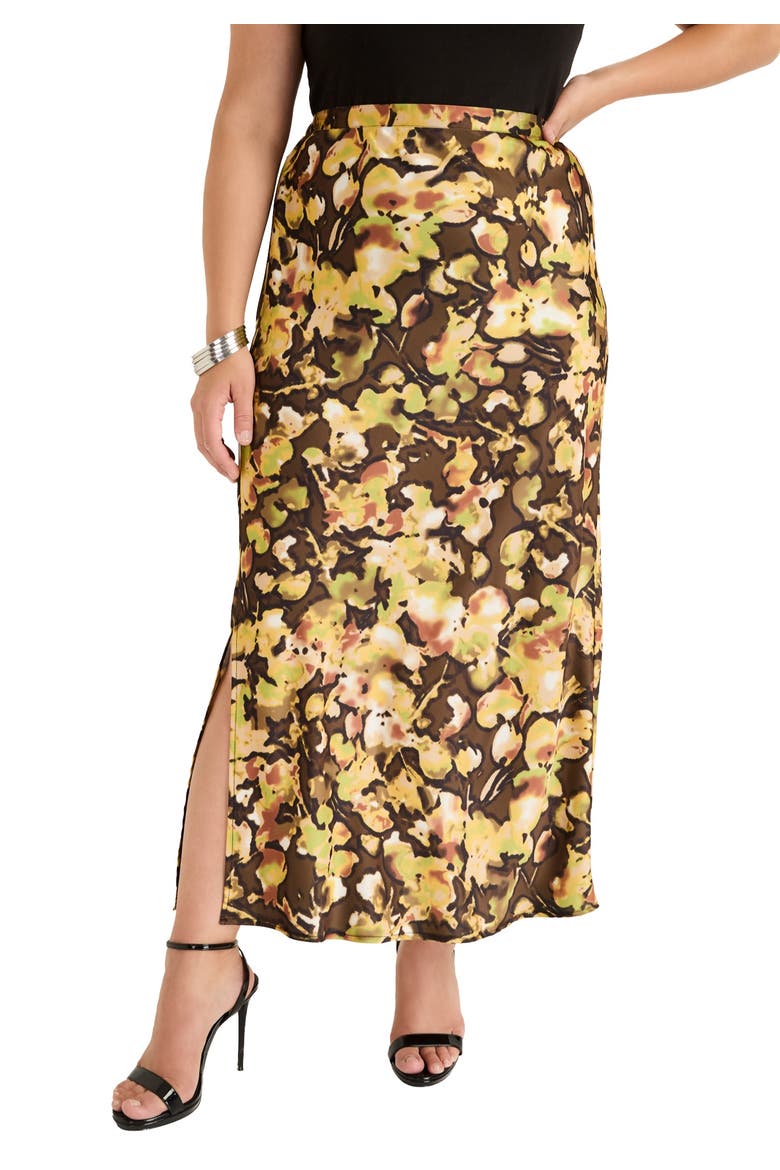 Satin Side Slit Midi Skirt, Main, color, WATERCOLOR FLORAL