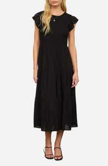 Blu Pepper Smocked Cap Sleeve Tiered Midi Dress