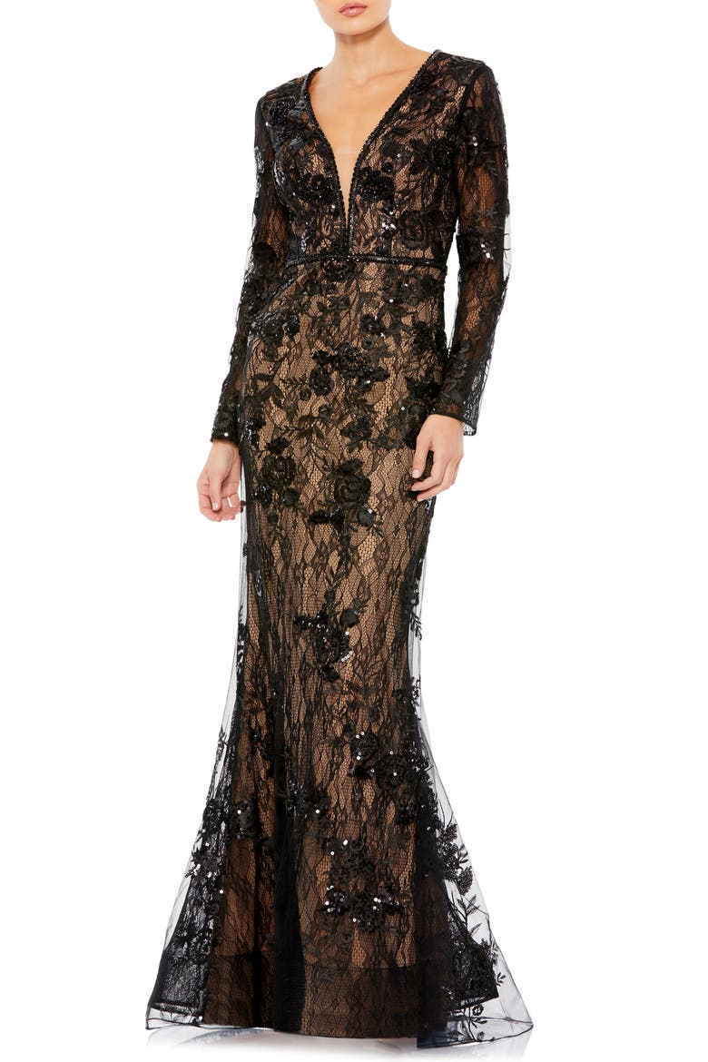 Long Sleeve Lace Trumpet Gown, Main, color, BLACK NUDE