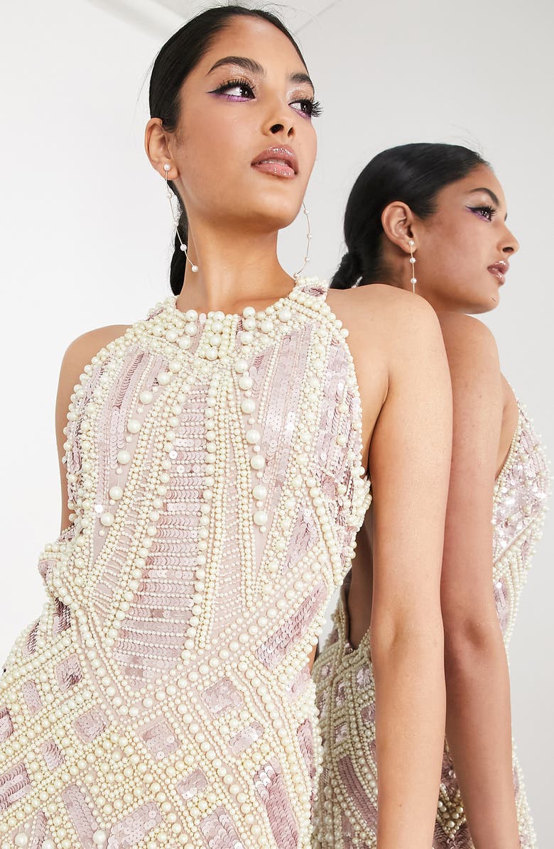 ASOS DESIGN Editior Imitation Pearl & Sequin Halter Neck Dress, Alternate, color, 
