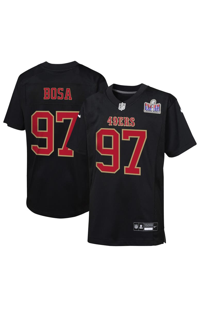 Nike Youth Nike Nick Bosa Black San Francisco 49ers Super Bowl LVIII Patch Carbon Fashion Game Jersey, Main, color, 