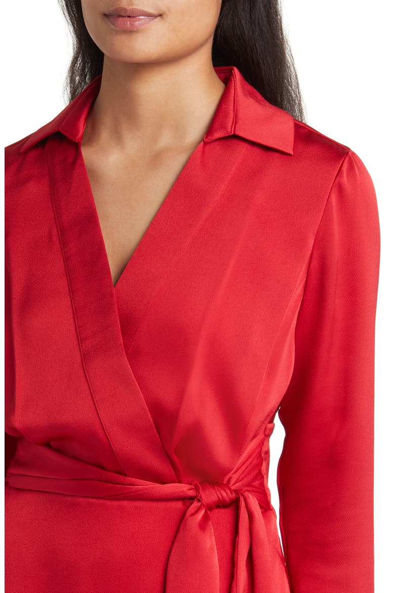 Long Sleeve Hammered Satin Faux Wrap Midi Shirtdress, Alternate, color, RUBY