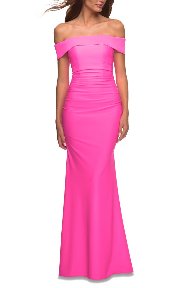 La Femme Off the Shoulder Neon Gown, Main, color, 