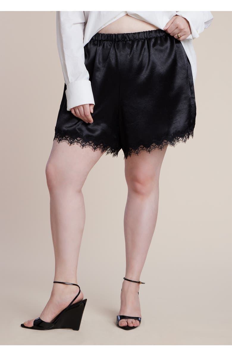 ELOQUII Satin Lace Trim Short, Alternate, color, Black Onyx