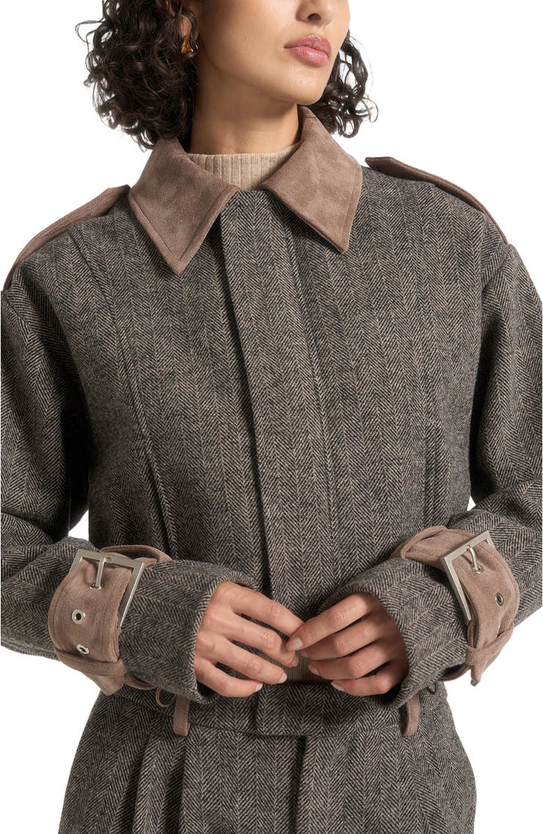 Manière De Voir Galia Herringbone and Suede Bungee Hem Jacket, Alternate, color, Grey