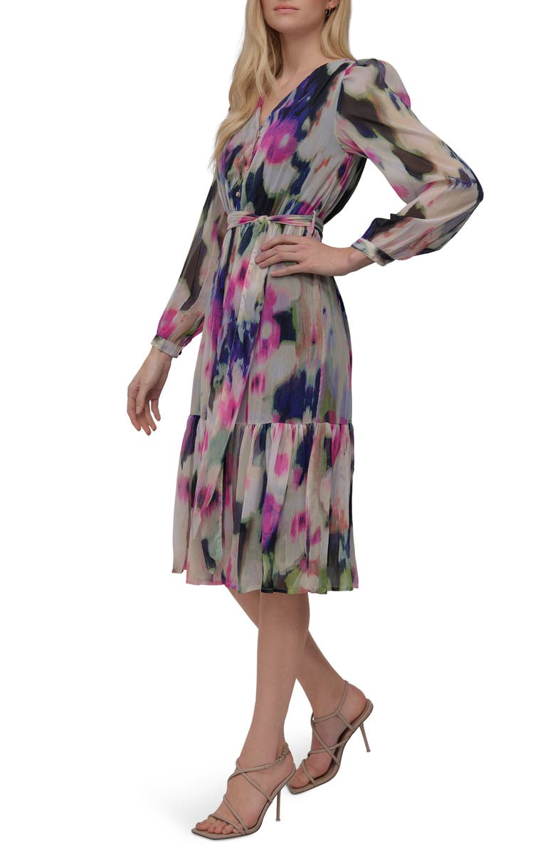 DKNY V-Neck Long Sleeve Fit & Flare Dress, Alternate, color, Navy Multi