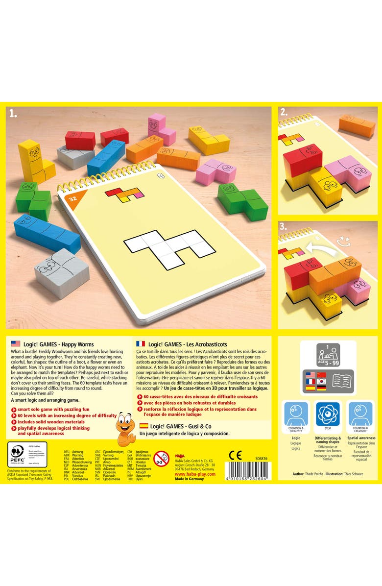HABA Logic! Games Happy Worms - Children
s Board Game for 5+ with 60 Solo Brain Teasers and Puzzle Fun to Develop Fine Motor Skills, Made in Germany, Alternate, color, Multi