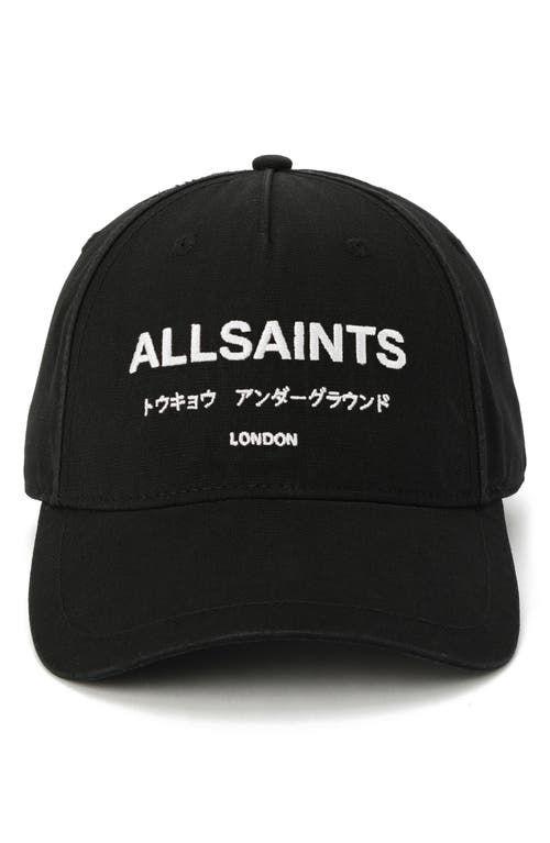Allsaints Underground Logo Adjustable Cotton Canvas Baseball Cap In Black