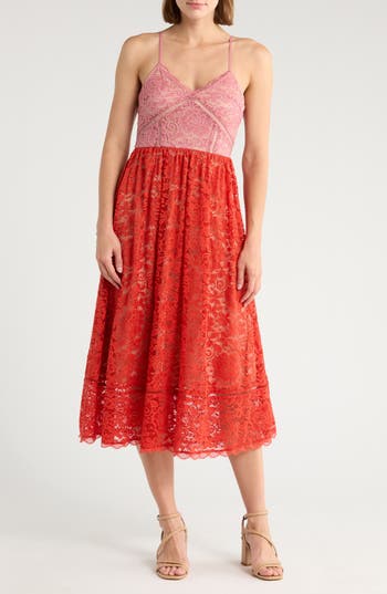 Nsr Crochet Stretch Lace Midi Dress In Red