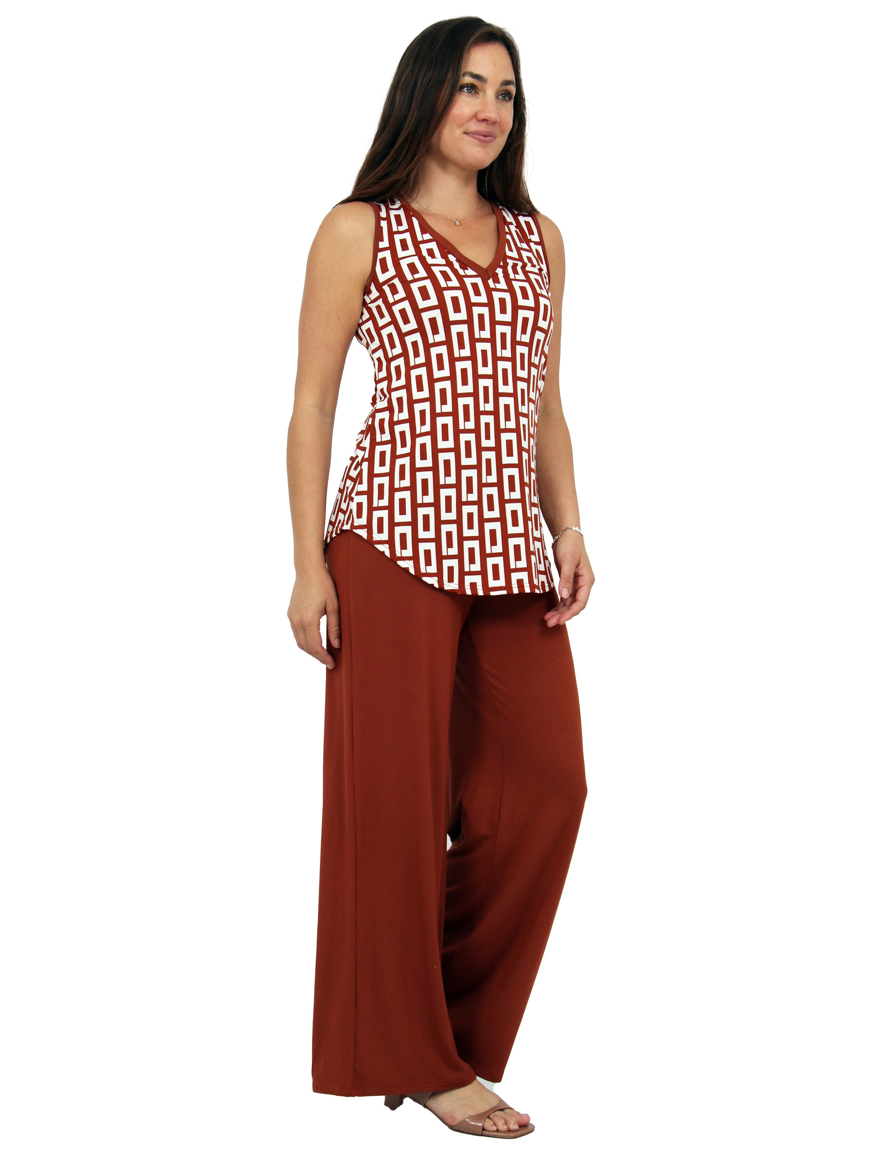 Womens Essential Abstract Print V-Neck Sleeveless Round Hem Top and Elastic Waist Flared Pant Set - image 2