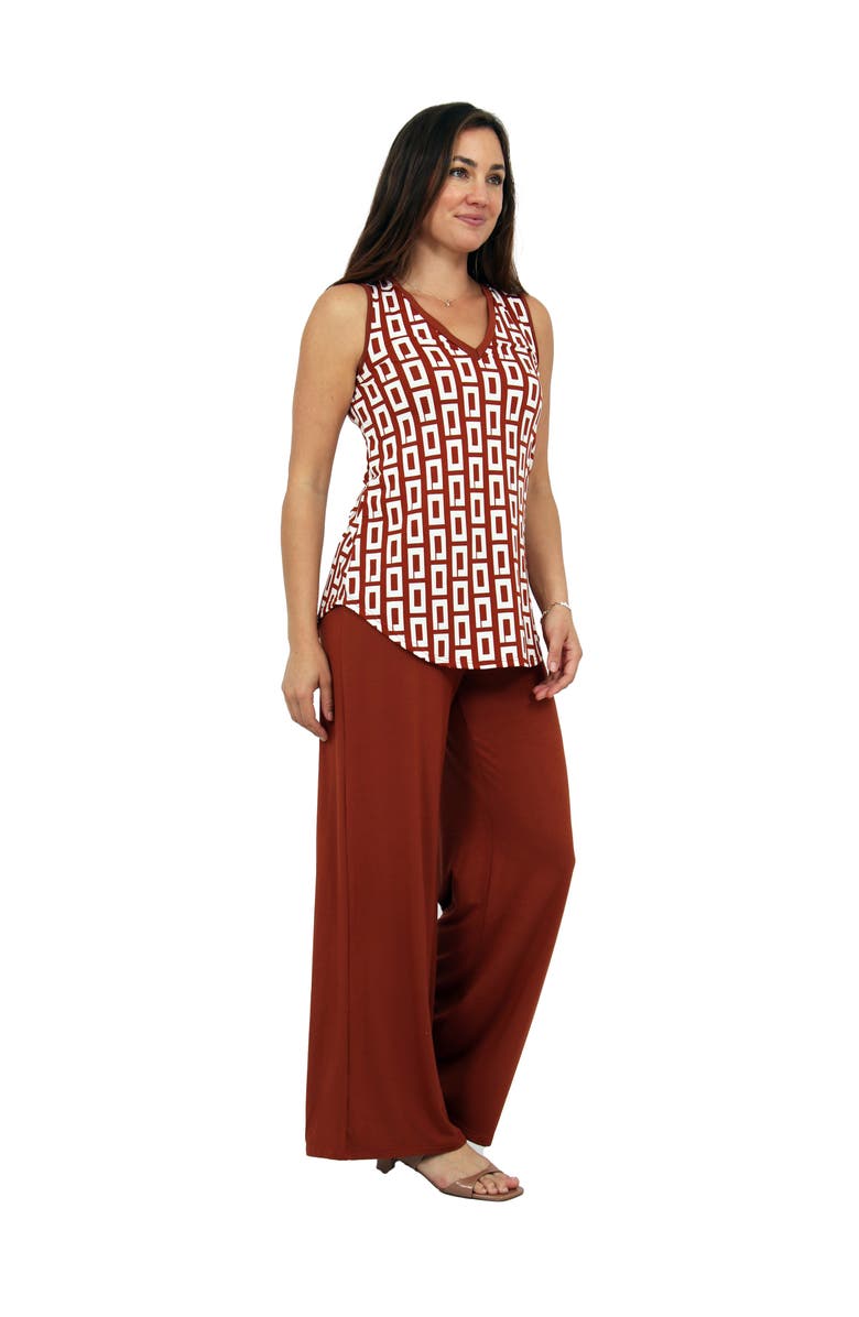 24seven Comfort Apparel Womens Essential Abstract Print V-Neck Sleeveless Round Hem Top and Elastic Waist Flared Pant Set, Alternate, color, Orange Multi