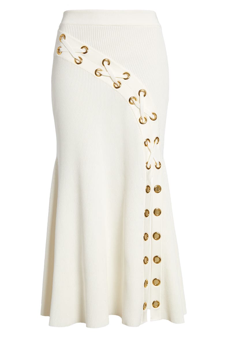 Alexander McQueen Grommet Rib Midi Sweater Skirt, Main, color, IVORY/ GOLD