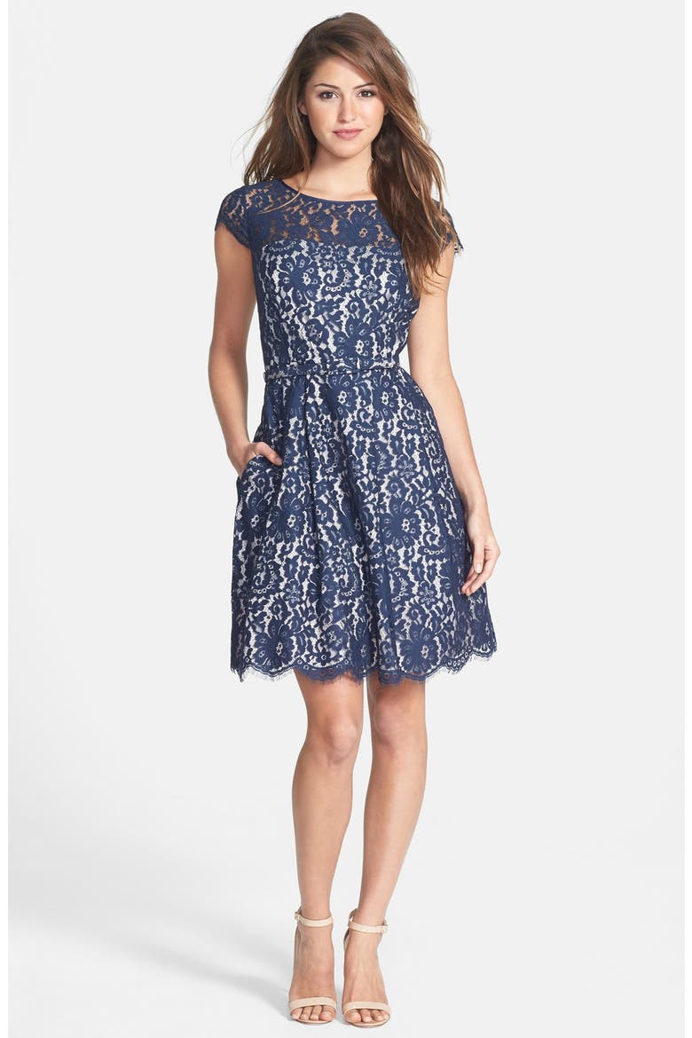 Lace Fit & Flare Dress, Alternate, color, NAVY