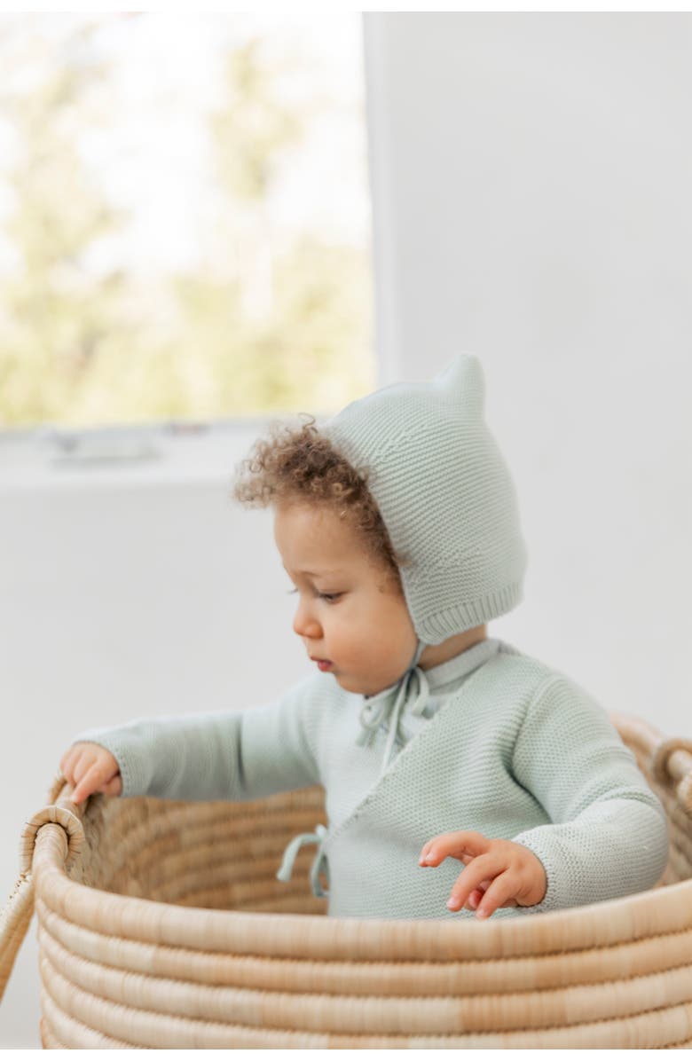 Fragile Garter Knit Wrap Cardigan Set with Bonnet, Alternate, color, Mushroom