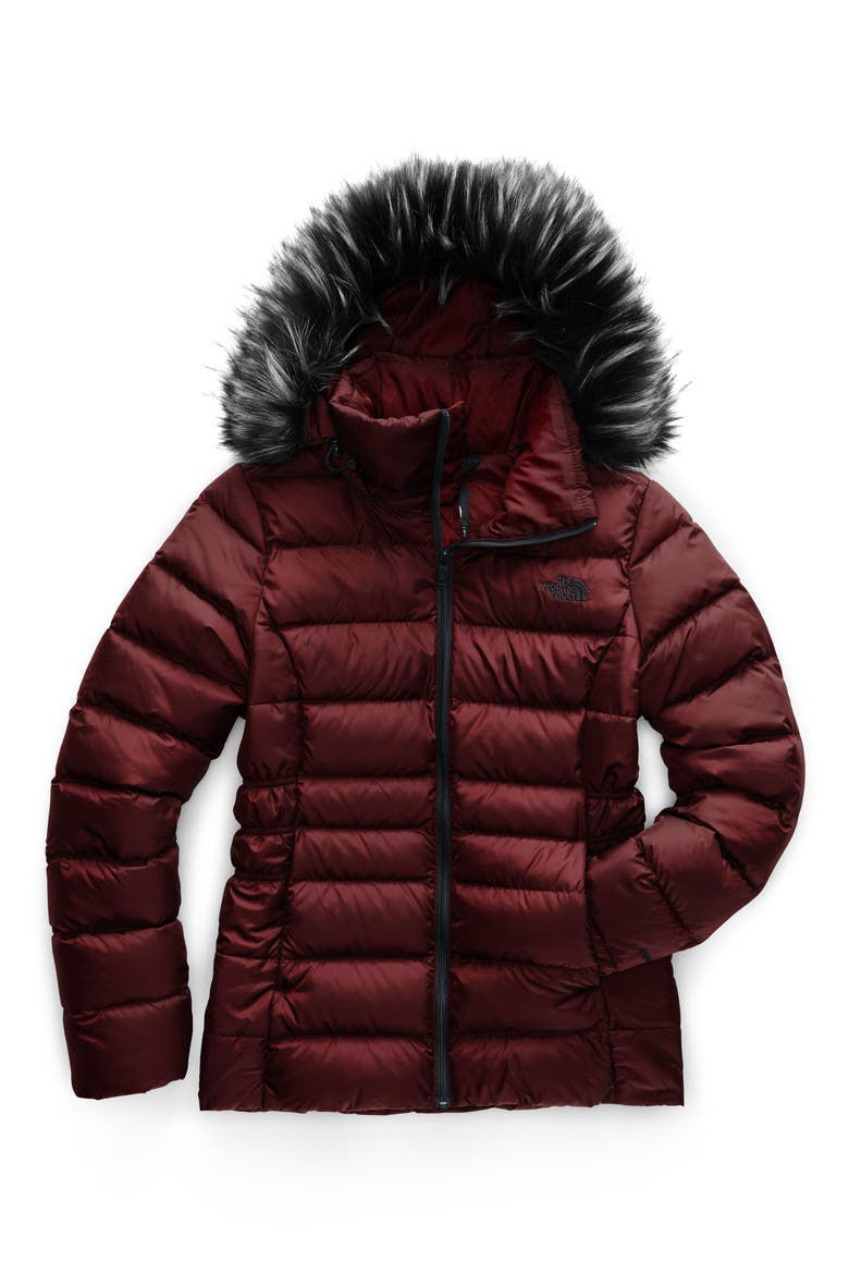 Gotham II Hooded Water Resistant 550-Fill-Power Down Jacket with Faux Fur Trim, Alternate, color, DEEP GARNET RED