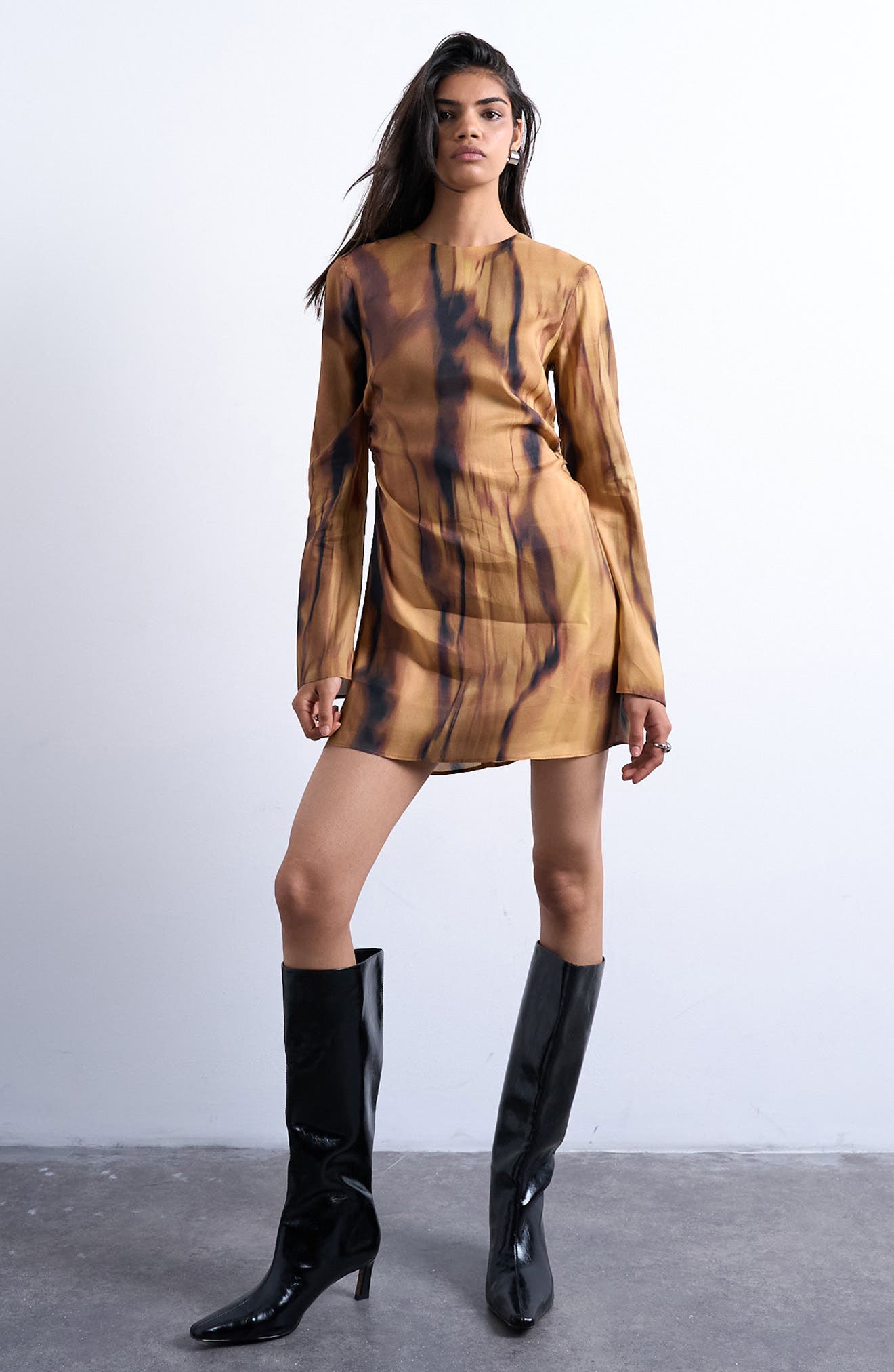 Topshop Waisted Abstract Print Long Sleeve Minidress