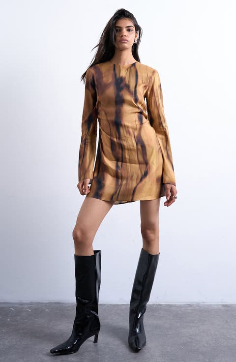 Waisted Abstract Print Long Sleeve Minidress