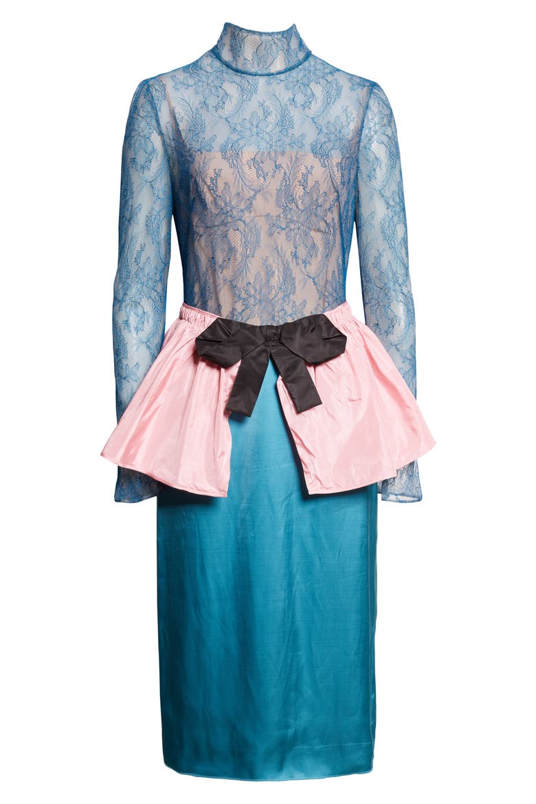 Long Sleeve Lace & Satin Mock Two-Piece Dress, Alternate, color, BLUE/ RED