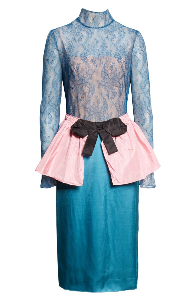 Valentino Long Sleeve Lace & Satin Mock Two-Piece Dress, Alternate, color, Blue/ Red