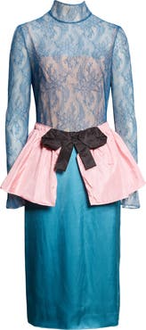 Valentino Long Sleeve Lace & Satin Mock Two-Piece Dress