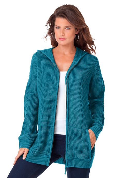 Plus Size Waffle Knit Zip-Front Relaxed Hoodie (Plus)