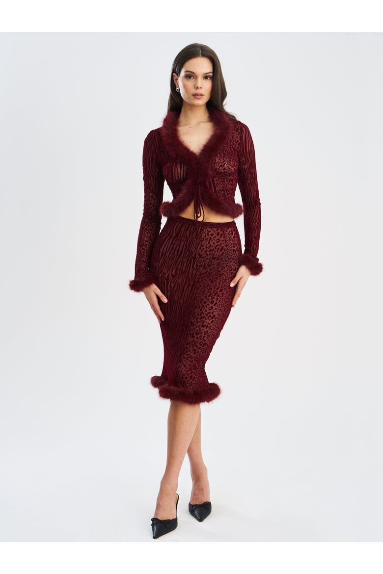 Halii Burnout Velvet Mesh Fur Trim Top, Alternate, color, Burgundy